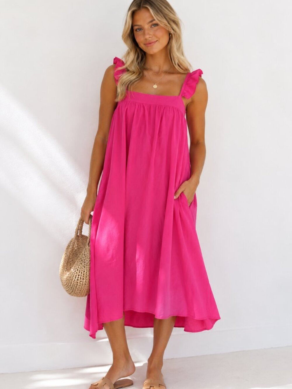 Show Me Your MuMu Hot Pink Poplin Oasis Ruffle Midi Dress Medium 39287